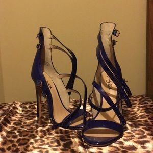 Blue boot heel with strappy buckles